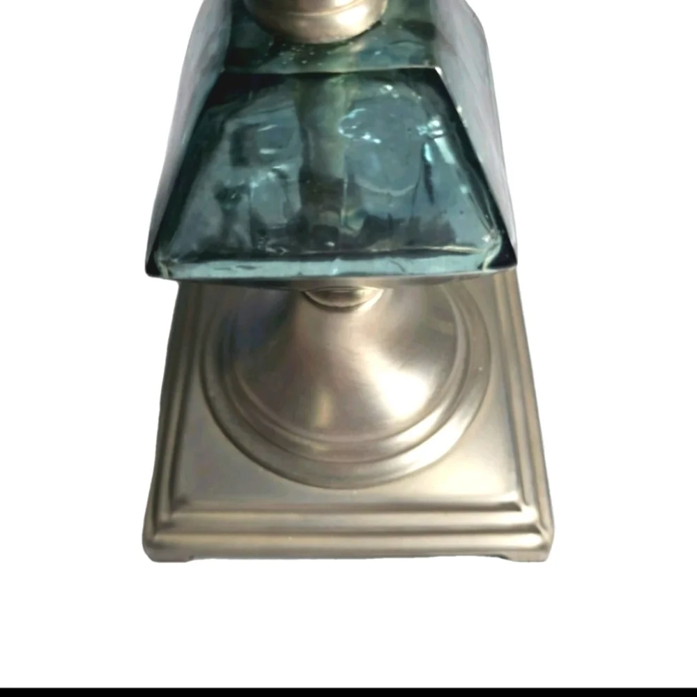 PAIR OF RARE VINTAGE STACKED FACETED TEAL BLUE GLASS MID CENTURY CANDLE HOLDERS